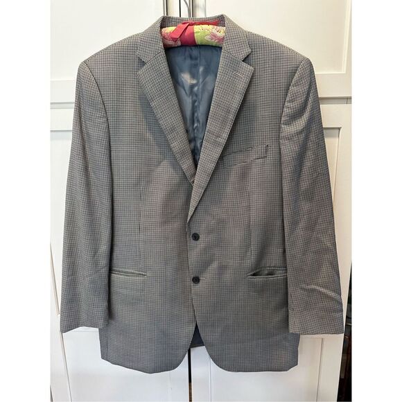 Peter Millar Blue Brown Houndstooth 100% Wool Sport Blazer Coat Men’s Sz 44T - Picture 1 of 10